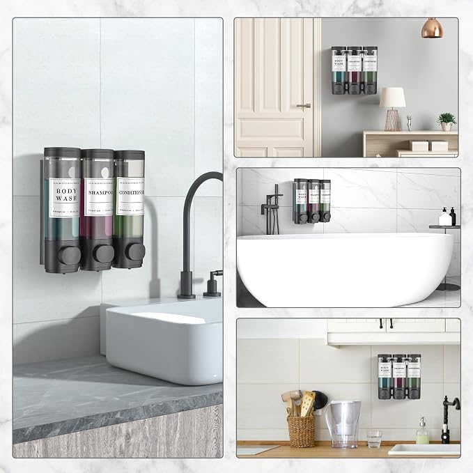 Shampoo and Conditioner Dispenser Shower Dispenser Body Wash Wall Mounted Shampoo Dispenser for Shower Wall No Drill for Bathroom Hotel 3 Chamber x 300ml Black with Waterproof Labels