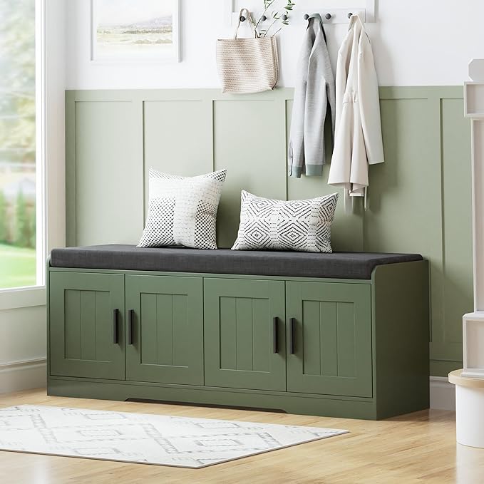 Homleke 2-Tier Storage Bench, Shoe Bench with Thickened Padded Seat Cushion, Entryway Bench with 4 Doors, Adjustable Shelf, 13.8" D x 45.3" W x 18.5" H, for Entryway, Living Room, Bedroom, Green
