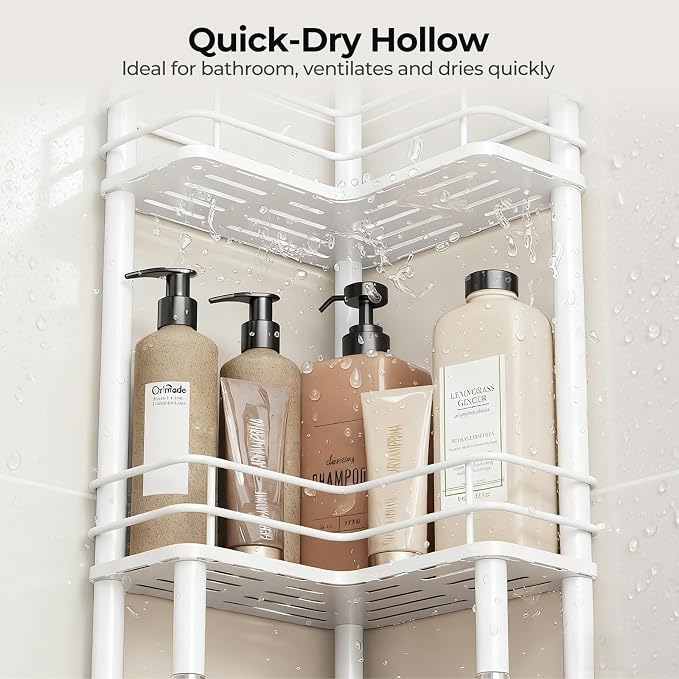 Orimade Rustproof 2 Tier Floor Standing Corner Shower Caddy Organizer with Toothbrush Holder, Large Spacing Floor Shower Shelf Rack Storage Stands with Hooks for Bathroom Kitchen, White