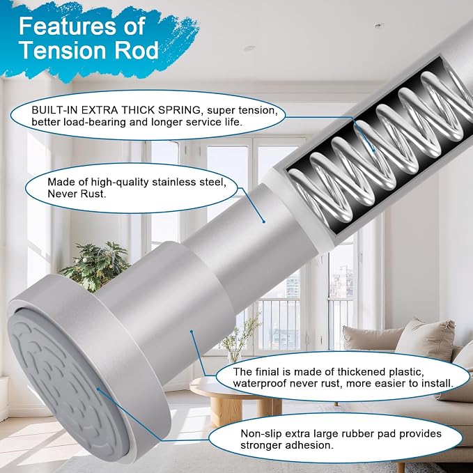YNL Silver Shower Curtain Rod 32-64 Inch(2.7-5.33ft), Non-Slip, Never Rust, Stainless Steel No Drill Spring Tension Shower Rod, Adjustable Long Curtain Rod for Bathroom Window