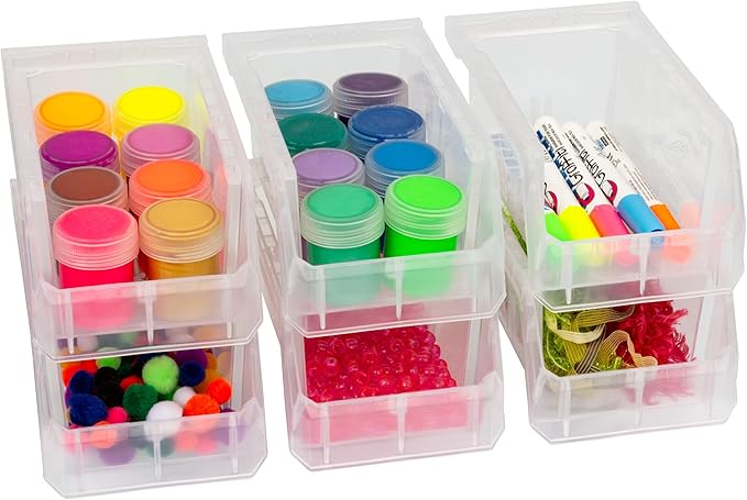 ReadySpace Plastic Containers for Organizing and Storage Bins for Drawers, Desks, Office Organization, and Garage, Stackable Bins, Small (3" x 7" x 4"), 12-Pack, Clear