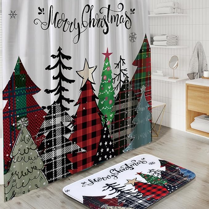 Clara Clark Bathroom Accessories Set - Christmas Bathroom Set with Adhesive Corner Shower Caddy Hanging, 24PC Bathroom Accessory Set, Christmas Shower Curtain Set with Toilet Brush and Trash Can