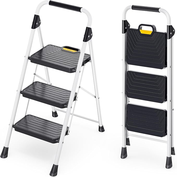 KINGRACK 3 Step Ladder, Folding Step Stool with Comfortable Handrail, Wide Anti-Slip Pedals & Safe-Lock Design, 800lbs Load Capacity, Sturdy Steel Portable Ladder, Perfect for Home and Kitchen, White
