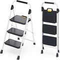KINGRACK 3 Step Ladder, Folding Step Stool with Comfortable Handrail, Wide Anti-Slip Pedals & Safe-Lock Design, 800lbs Load Capacity, Sturdy Steel Portable Ladder, Perfect for Home and Kitchen, White