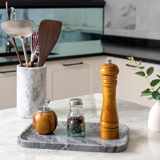 Koville Marble Tray, 12"x8" Natural Marble Vanity Tray for Countertop Bathroom Kitchen Dresser, Decorative Marble Catchall Trays for Perfume Jewelry(Grey)