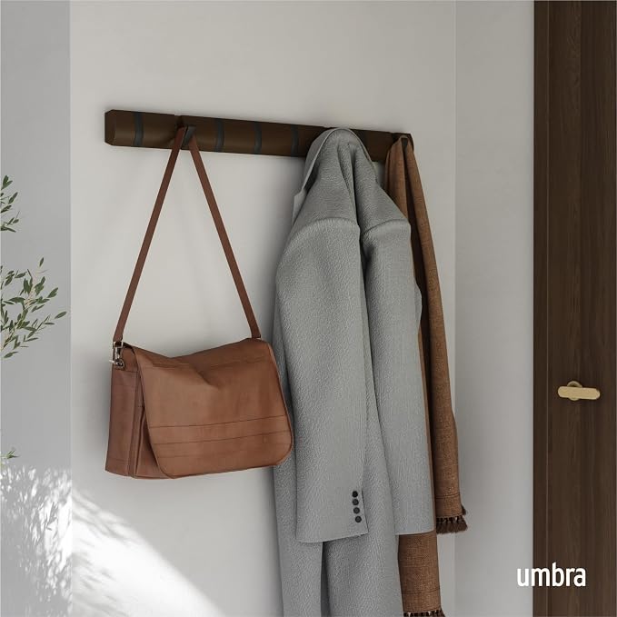 Umbra Flip Wall-Mounted Coat Rack with 8 Hooks – Modern, Space-Saving Storage for Hats, Jackets, Bags, Entryway, Mudroom, Closet, Bathroom, Bedroom – Black/Walnut