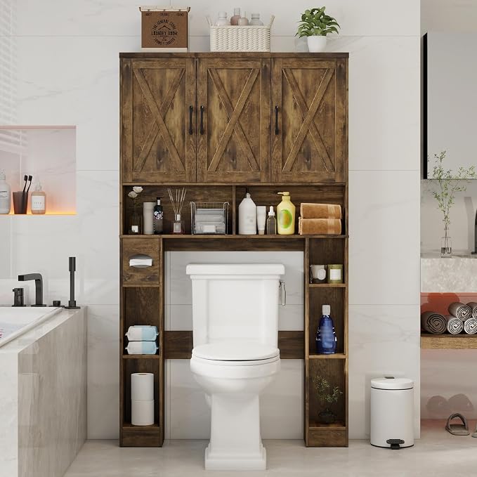 Over The Toilet Storage Cabinet, Farmhouse Toilet Cabinet Rack with 3 Barn Doors, Space Saving Bathroom Organizer with Shelves, Toilet Paper Holder and Towel Rack for Bathroom,Restroom, Dark Brown
