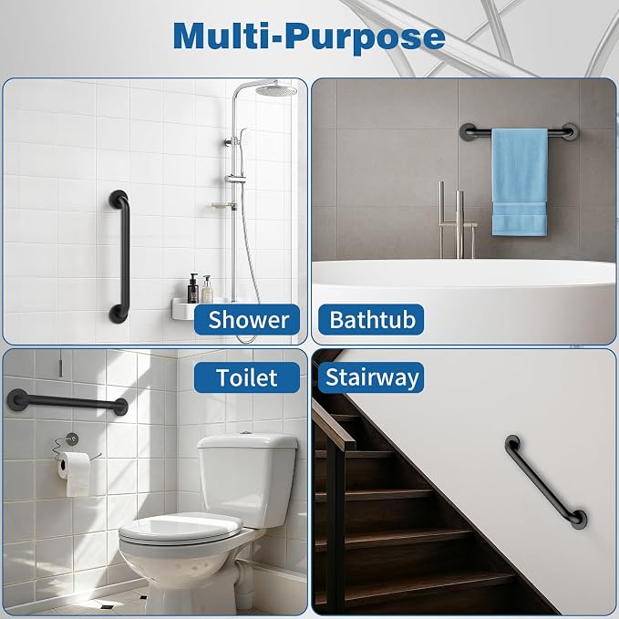 Safety Shower Grab Bars for Seniors, Stainless Steel Anti Slip Shower Handle, ADA Compliant Hand Rails, Holds up to 500 LBS Grab Bars for Elderly for Wall (Black, 18 Inches)