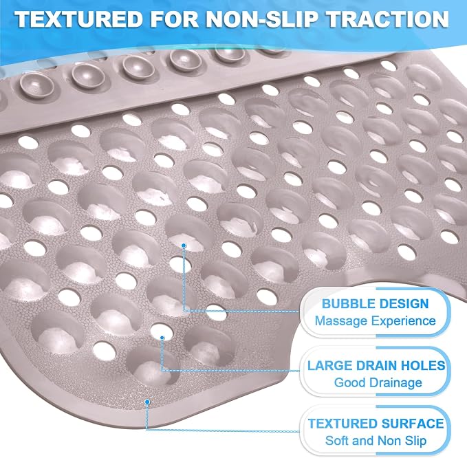 Bathtub and Shower Mats, 40x16 Inch Extra Large Non Slip Soft Bath Tub Mat with Suction Cups and Drain Holes for Bathroom Floor and Keep Tubs Clean, Machine Washable, Tan