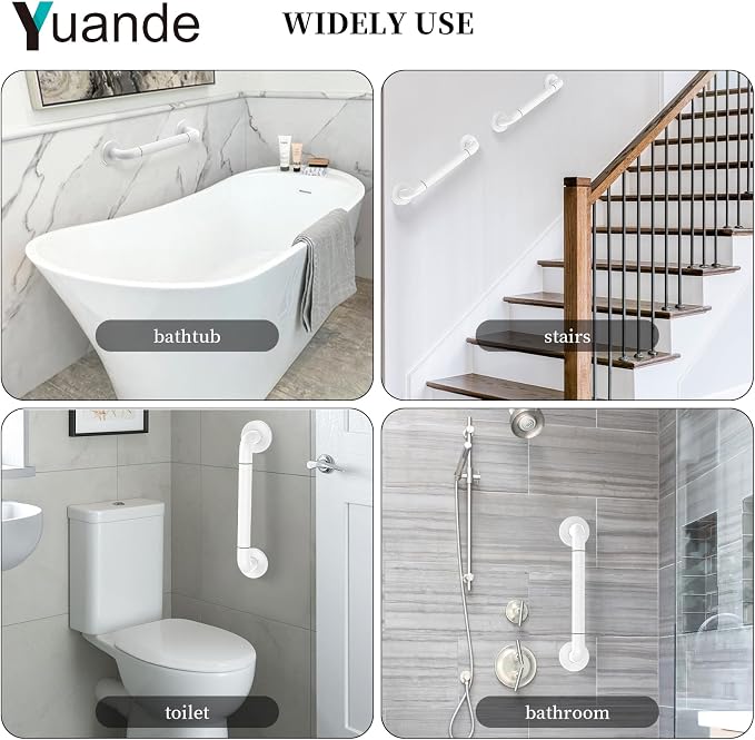 Grab Bars for Shower 14", YuanDe White Bath Grab Bar with Anti-Slip Grip and Safety Luminous Circles, Stainless Steel Bathroom Safety Handrail Support, Safety Bar Handle for Disabled Elderly Pregnant