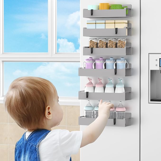 HuggieGems 6 Pack Magnetic Spice Rack Organizer for Refrigerator and Oven, Light Grey Fridge Organizers and Storage for Kitchen