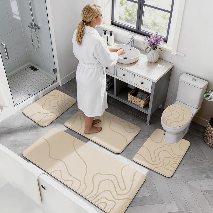 YIHOUSE Memory Foam Bathroom Rugs Sets 3 Piece - Extra Thick Ultra Soft Absorbent Bath Mat Set, Non-Slip Machine Washable Bath Rugs for Bathroom, Tub & Shower, Home Decor Accessories, Beige