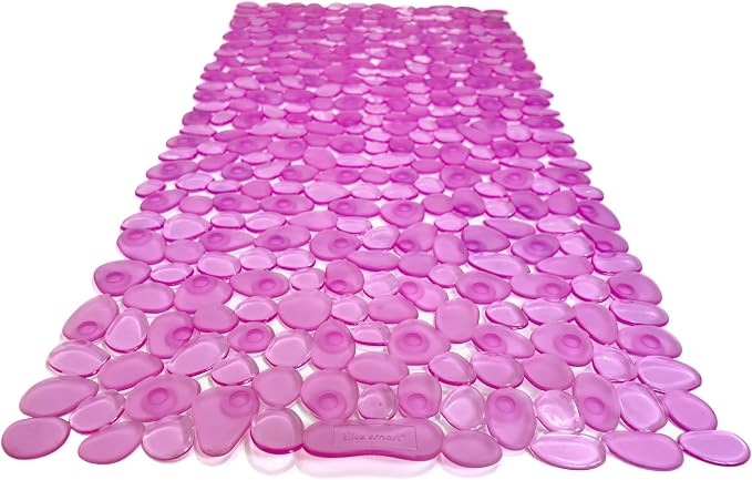 “Pebbles” Non-Slip Bathtub/Shower Mat 27.5”x14” Rectangular, Non-Toxic, Safe, Clean, Machine-Washable, Superior Grip & Drainage, Vinyl, for Smooth Floors ONLY, Transparent Pink