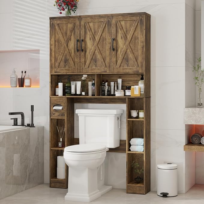 Vabches Over The Toilet Storage Cabinet, Farmhouse Toilet Cabinet Rack with 3 Barn Doors, Space Saving Bathroom Organizer with Shelves, Toilet Paper Holder and Towel Rack for Bathroom,Restroom, Brown