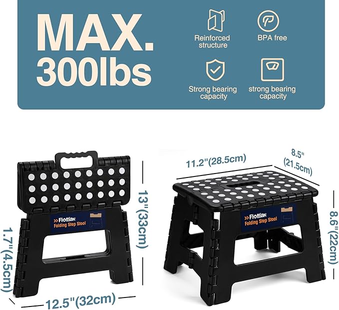 Flottian 9" Folding Step Stool for Adults and Kids Holds Up to 300 lbs,Non-Slip Folding Stools with Portable Handle, Compact Plastic Foldable Step Stool for Bathroom,Bedroom, Kitchen Black