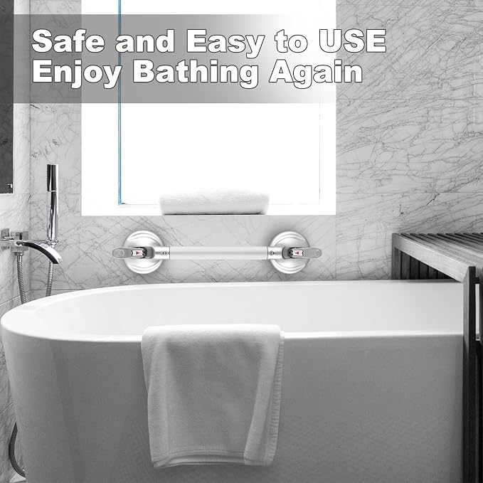 15-Inch Shower Handle - Upgraded Grab Bar with Strong Suction Cups for Bathtub & Shower Safety, Ideal for Seniors, Elderly, Disabled -Silver