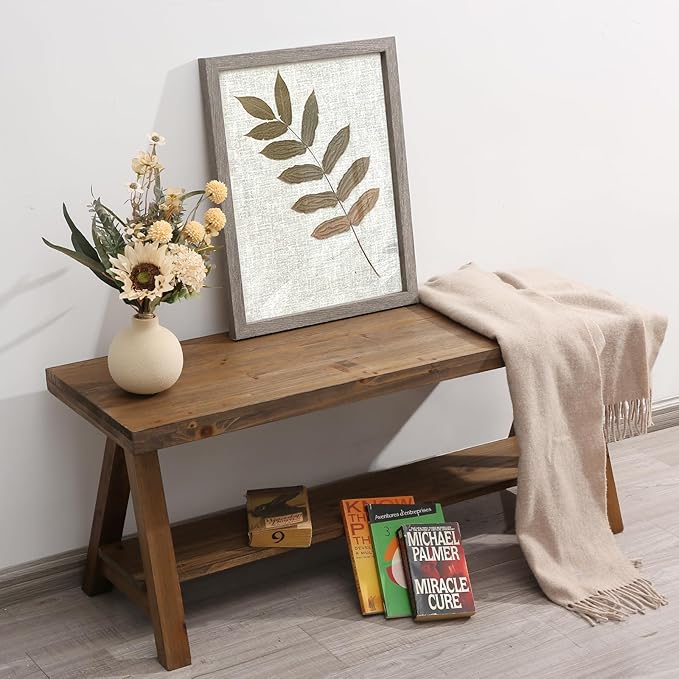 Wnutrees 43" Farmhouse Wood Bench, Long Rustic Indoor Storage Bench for Entryway, Living Room, End of Bed, Original Solid Wood Construction