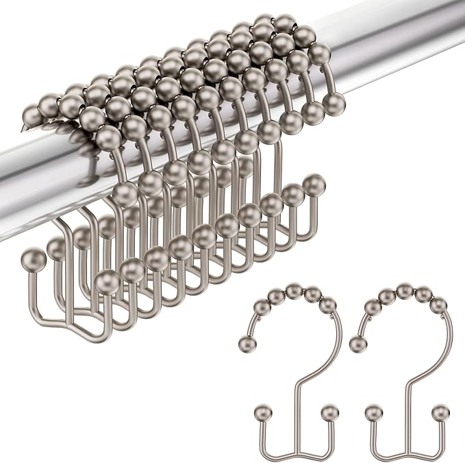 Amazer Shower Curtain Hooks Rings, Stainless Steel Shower Curtain Rings, 12Pcs Double Glide Shower Hooks for Bathroom Shower Curtain Rods Dual Rust-Resistant Shower Rings, Matte Nickel