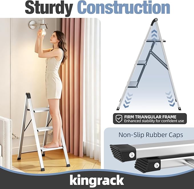 KINGRACK Aluminum Step Ladder, 3 Step Ladder Folding Design, Step Stool Foldable with Safe Grip, Non-Slip Handrails, Safety Lock, Heavy Duty 330LBS for Home, Kitchen, Garage, RV, Silver