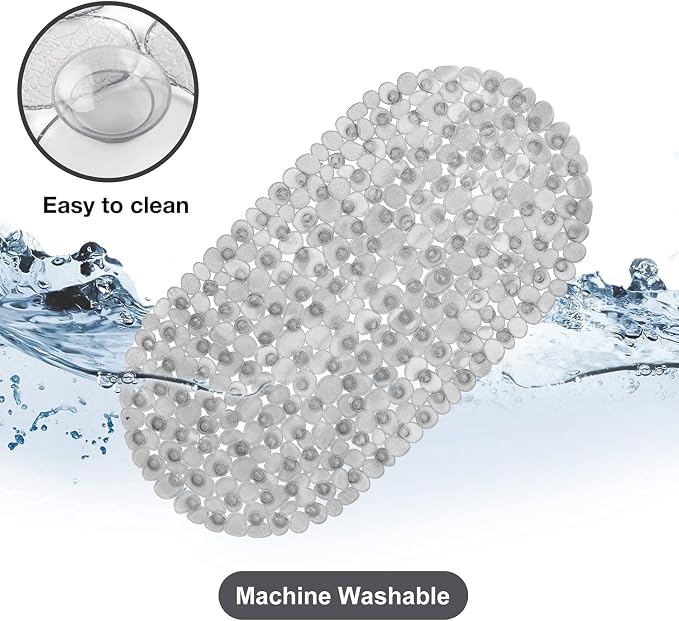WELTRXE Pebbles Bathtub Mat Non Slip Oval Shower Mat with Suction Cups, Drain Holes, 27 x 14 Inch Plastic Bathroom Tub Mats Machine Washable, BPA, Latex Free Safety Mat for Bath Tub, Clear Gray