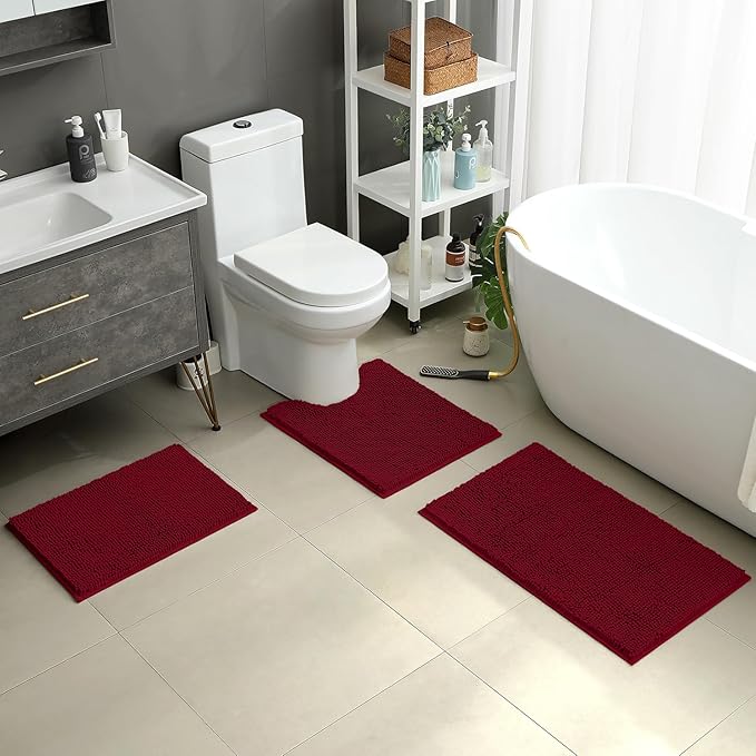HOMEIDEAS 3 Pieces Bathroom Rugs, Ultra Soft Non Slip Absorbent Chenille Toilet Bath Mat Set (Burgundy)
