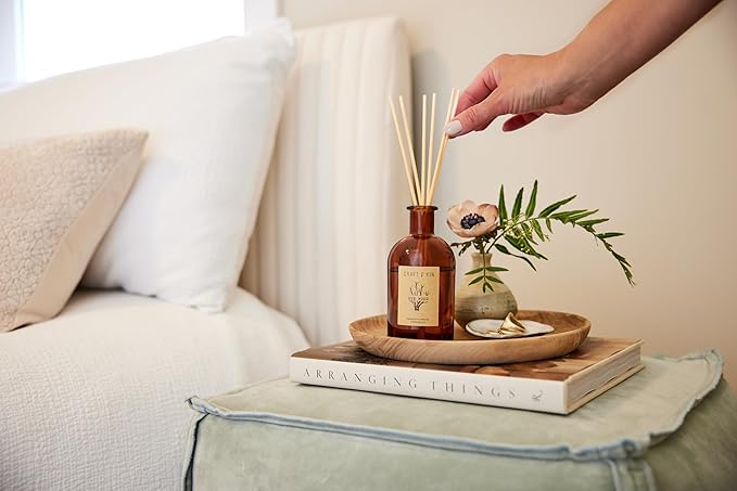 Craft & Kin Oud Wood Reed Diffuser – 5.75 oz Essential Oil Diffuser for Home & Bathroom – Up to 120-Day Fragrance with 8 Rattan Scent Sticks – Amber Glass Room Decor