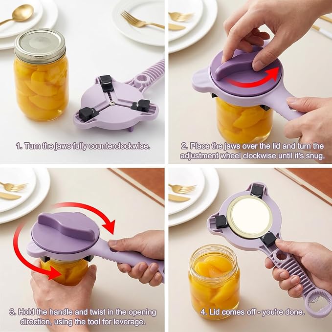 4-in-1 Adjustable Jar Opener for Seniors & Weak Hands - Multifunctional Stainless Steel Can Opener, Bottle Cap Gripper for Arthritis Sufferers - Kitchen Gadgets for Easy Opening（Purple）