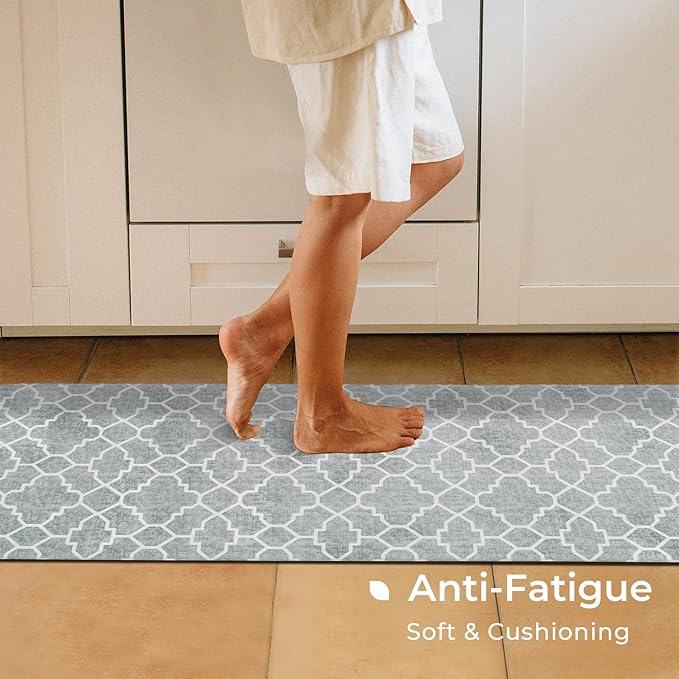 FRESHMINT Kitchen Mat Set of 2, Anti-Fatigue Cushioned Kitchen Mats for Floor, Waterproof Non Slip Comfort Standing Mat, Boho Kitchen Rug for Kitchen Decor, Sink, Office, 17"x30"+17"x47", Stone Gray