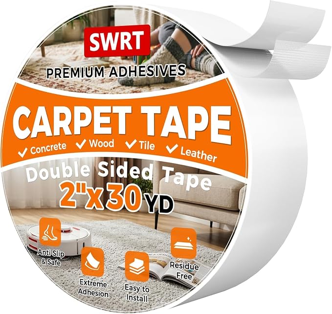 SWRT Carpet Tape Double Sided, 2 Inch x 30 Yards – Carpet Adhesive for Hardwood Floors, Heavy Duty Anti Slip Rug Grip Tape, Works as Rug Grippers, Residue Free, Wood Safe, Easy Removal for Tile