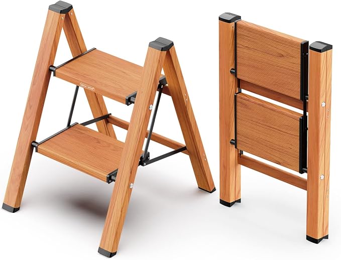 WOA WOA 2 Step Ladder, Foldable Step Stool, Aluminum Lightweight Ladder for Home Kitchen Closet, Anti-Slip Pedals, Ease of Folding, Portable, 300lbs Capacity - Wood Grain