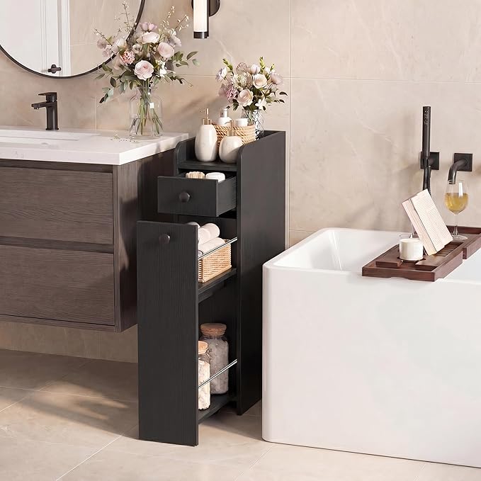 COSTWAY Slim Bathroom Cabinet, 7" Wide Space-Saving Storage with 2-Tier Slide-Out Drawer, Shelf & Toilet Paper Holder, Freestanding Narrow Organizer for Bathroom, Laundry & Small Spaces (Black)