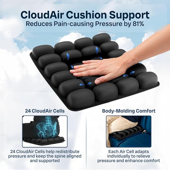 Sondur™ Travel Cushion – CloudAir Technology Airplane Seat Cushion – Inflatable Travel Cushion for Long Flights – Portable Air Cell Design, Puncture-Resistant Waterproof Pad – Black