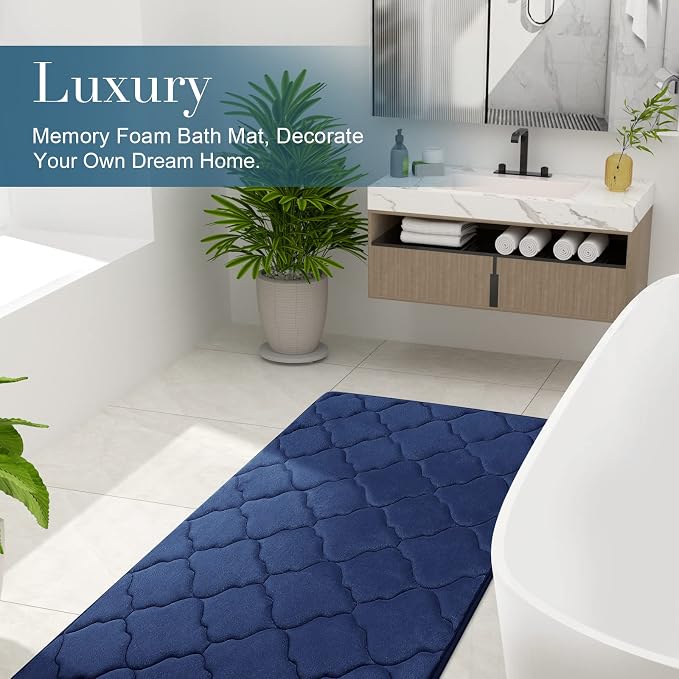 OLANLY Memory Foam Bath Mat Rug 30x20, Ultra Soft and Absorbent Bathroom Rugs, Non-Slip, Comfortable, Machine Washable Bath Carpet for Bathroom Floor, Tub, Shower and Home Decor Accessories, Navy
