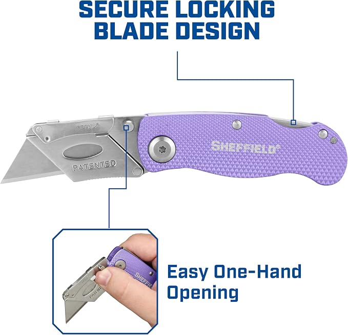 Sheffield 12346 Lock Back Utility Knife 4 Pack with 10 Blades, Quick Change Folding Box Cutter, Aluminum Handle Utility Knives with Pocket Clip, Pink & Purple