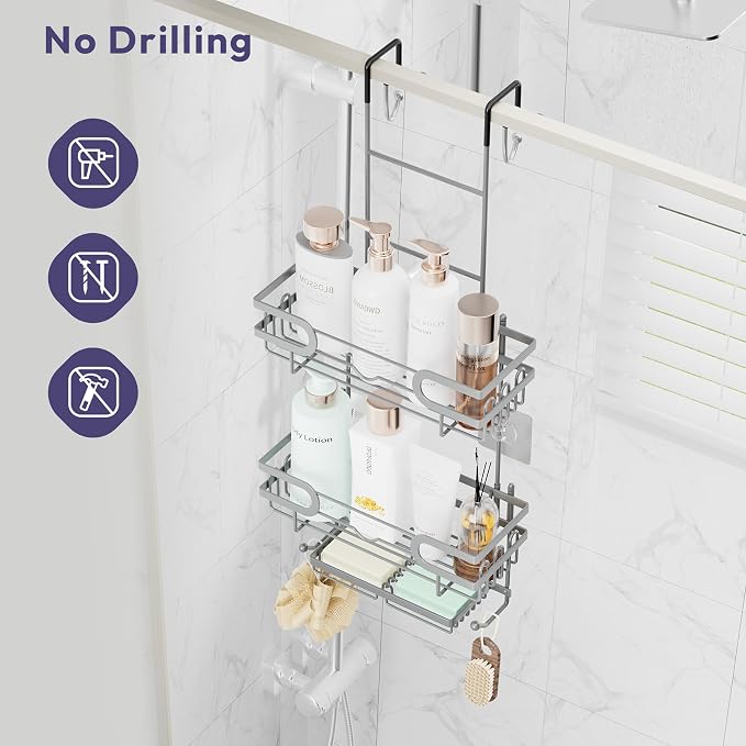 SWTYMIKI Over the Door Shower Caddy Hanging with Double Soap Holder, Hanging Shower Organizer with 16 Hooks, No Drilling Shower Shelves Over Door, Bathroom Rack and Storage, Silver