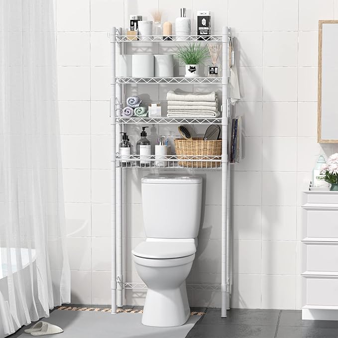 Hodonas Over The Toilet Storage, Adjustable Bathroom Organizer Shelves Space Saver Over Toilet, Sturdy 4 Tier Above Toilet Storage Rack, Freestanding Over-The-Toilet Storage Shelf, White