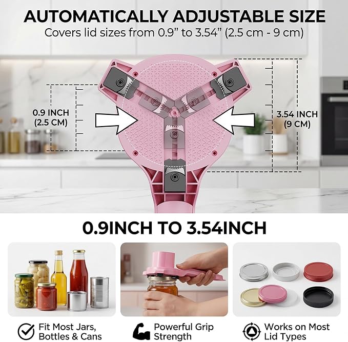 Electric Jar Opener for Seniors with Arthritis, TFCC & Weak Hands, Patented Power-Grip Auto-Tighten Manual Lid Opener, Rechargeable 2-in-1 Jar & Bottle Opener with Storage Hook & Non-Slip Pad(Pink)