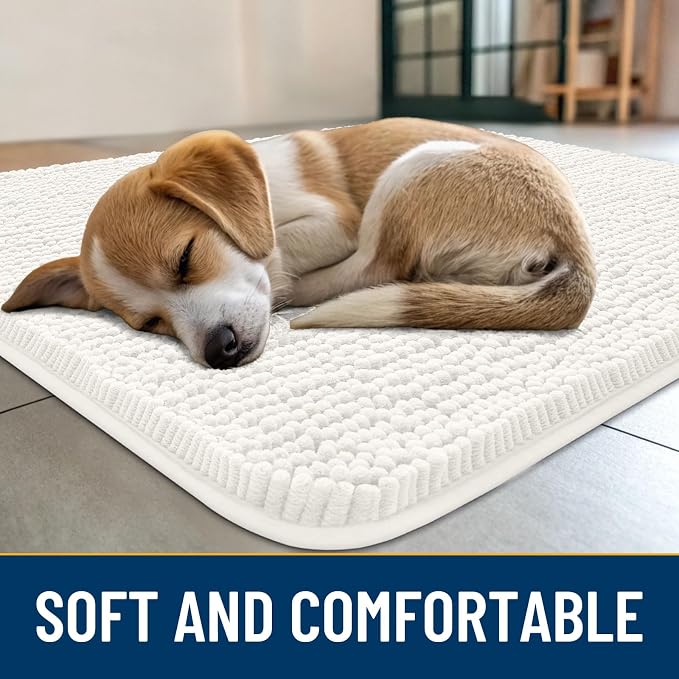 Smiry Dog Door Mat for Muddy Paws 36x24, Absorbent Dirt Trapper, Non-Slip Washable Chenille Entryway Rug for Inside Floor, Ivory, Classic Solid