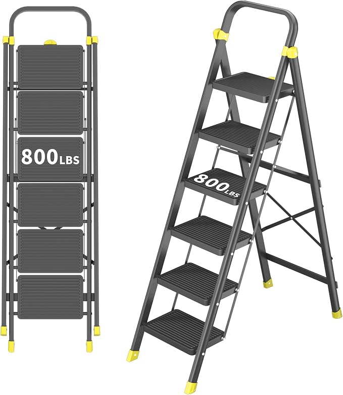 DIAMONDFORGE 6-Step Foldable Step Stool Ladder with Handle, Anti-Slip Pedals & Feet, 800lbs Capacity for Home Kitchen Adults, Black Yellow