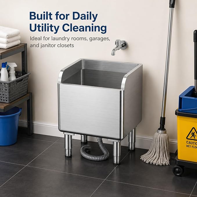 Stainless Steel Mop Sink, Freestanding Utility Basin with High Baffle, Drain Filter Basket and Adjustable Feet, Floor Mount Service Sink for Laundry Room, Garage, Restaurant, 17.7 x 16.1 x 21.7 in