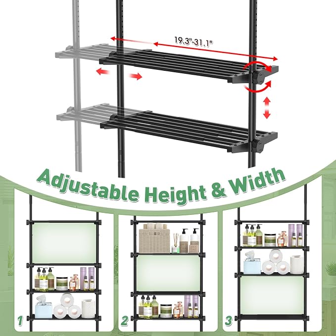 SUNALLY Over The Toilet Storage Shelf, 4-Tier Adjustable Over Toilet Bathroom Organizer,Tension-Mounted Bathroom Storage Rack for Ceilings, No Drill Space-Saving Shelving for Small Rooms,Black