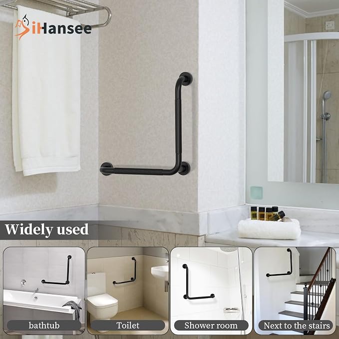 Black Angled Grab Bar 16x16 Inch, Stainless Steel Bathroom Grab Bar w/Anti-Slip Knurled Grip, Wall Mounted Bathtub Toilet Safety Handrail for Elderly Senior, L-Shaped Grab Bar for Shower