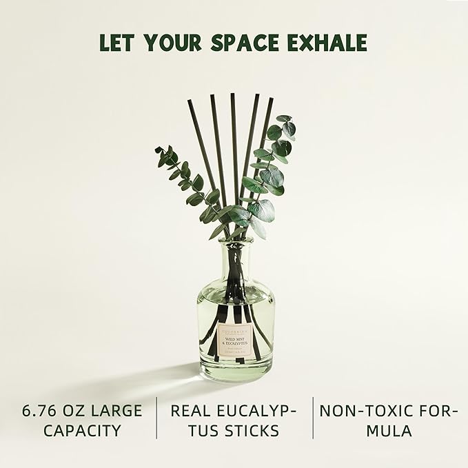 COCORRÍNA Wild Mint & Eucalyptus Reed Diffuser – 6.76 oz Essential Oil with 8 Reeds & Real Eucalyptus Sticks, Home Fragrance for Bedroom or Bathroom Décor
