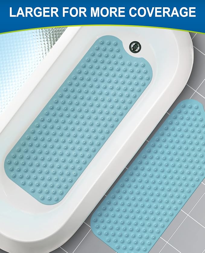 Bligli Bathtub Mat Non-Slip Without Suction Cups, 39x16inch Extra Long Bath Mats for Shower Bathroom, Machine Washable Natural Rubber Shower Tub Mat (39x16inch, Sky Blue)