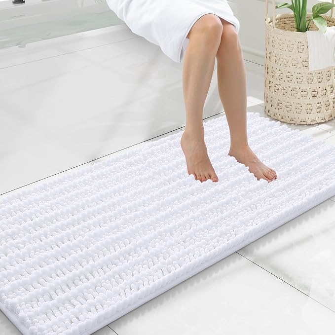 Smiry Bathroom Rugs Mat 47x20, Extra Soft Absorbent Chenille Bath Rugs, Non Slip Rubber Backing Machine Washable Quick Dry Bath Mats for Bathroom Floor, Tub, Shower, Home Decor Accessories, White