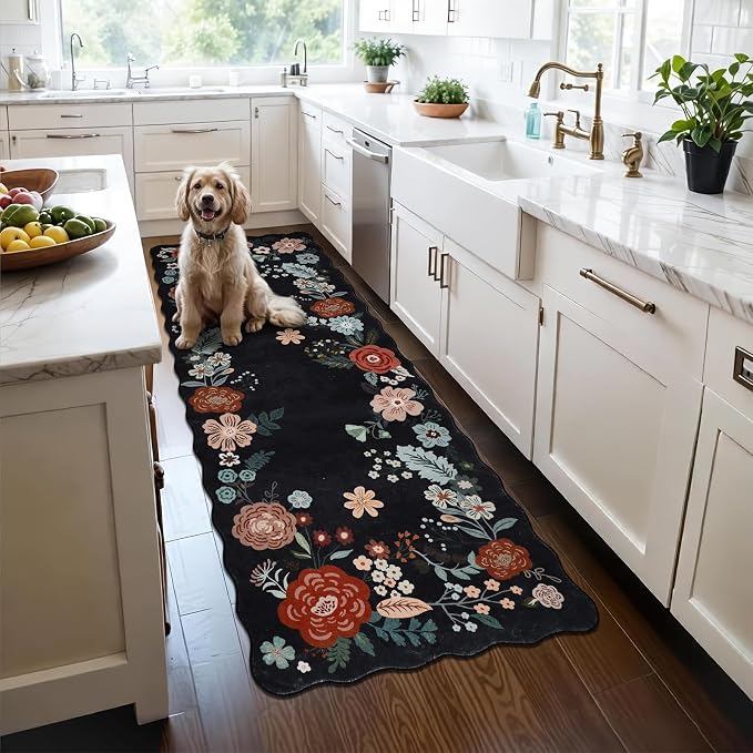 Kitchen Runner Rug, 3x6 Boho Floral Runners for Hallways with Non Slip Backing, Soft and Cozy Runner Carpet for Living Room, Entryway, Bedroom, Bathroom, Black
