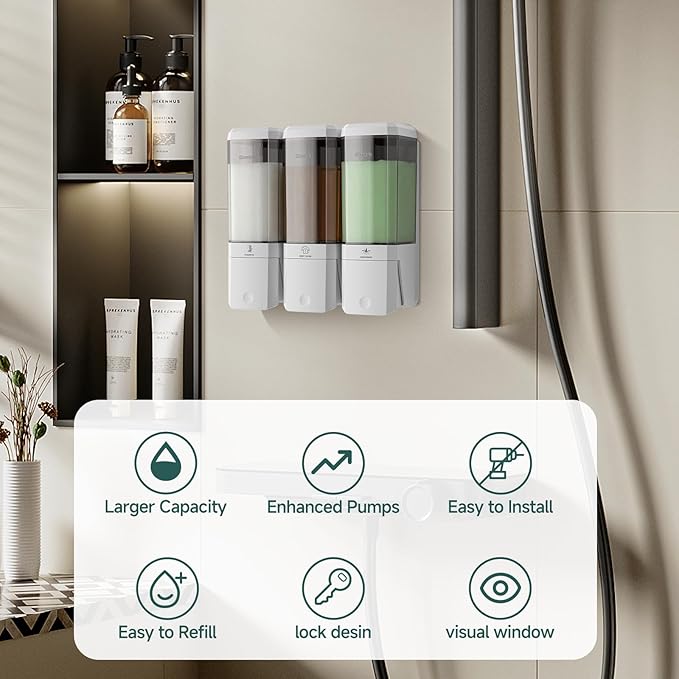 Shampoo and Conditioner Dispenser 3 Chamber 17oz No Drill Shower Soap Dispenser Wall Mounted Shampoo Conditioner Body Wash Refillable Bathroom Shower Dispenser (White+Smoke Gray 3 Chamber)