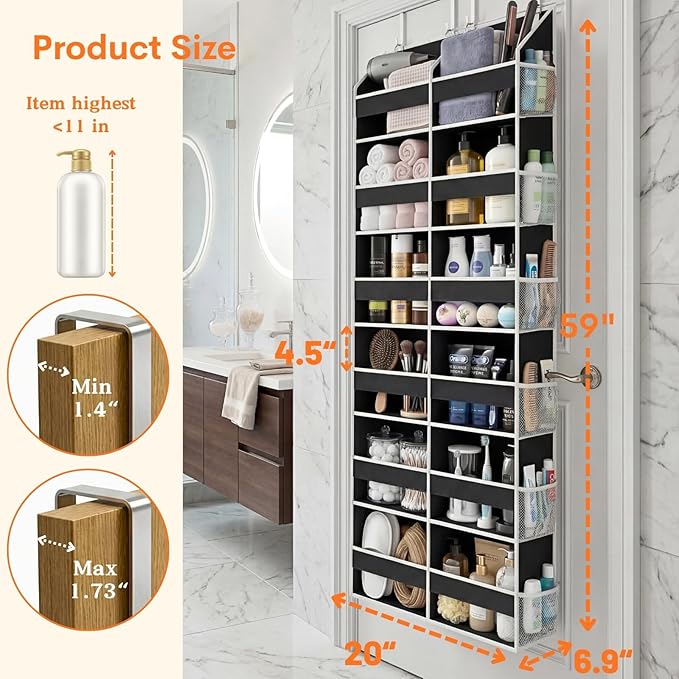 Over The Door Organizer 6 Tiers, Extra Large Behind Door Storage of 12 Compartments, 80 lbs Weight Capacity Hanging Storage Organizer with Clear Window Kids Toys, Shoes, Diapers, Room Storage,Black