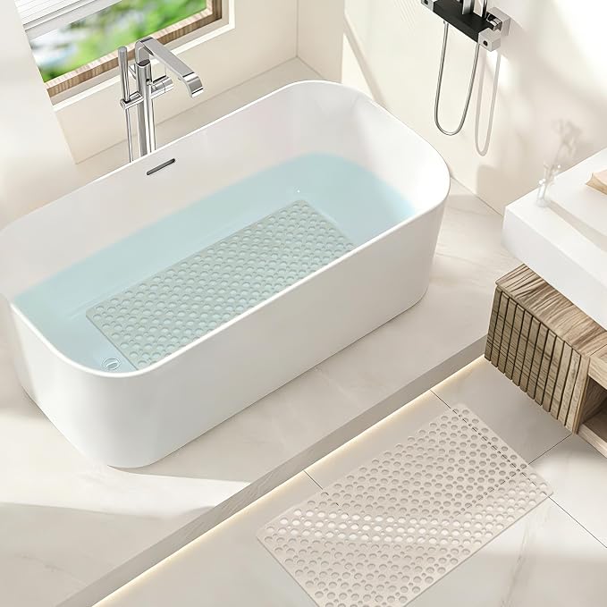Bathtub Mat Non Slip: 30x17 inch Soft TPE Bath Mat for Tub with Suction Cups and Drain Holes, Efficient Drainage Anti Slip Shower Mats for Inside Shower, Machine Washable, Easy to Dry&Cut