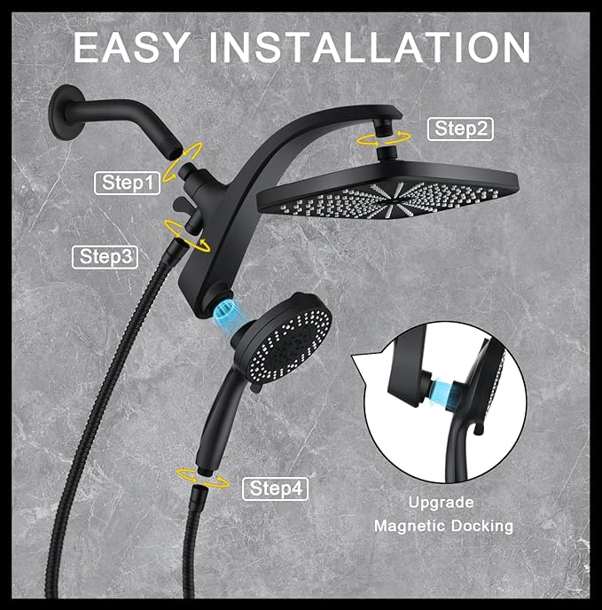 BOZYBO Rain Shower Head with Handheld: High Pressure Shower Heads with Handheld Spray Combo, 12" Rainfall Shower Head and 9 Sprays Hand Showerheads with Magnetic Docking and Power Jets, Matte Black